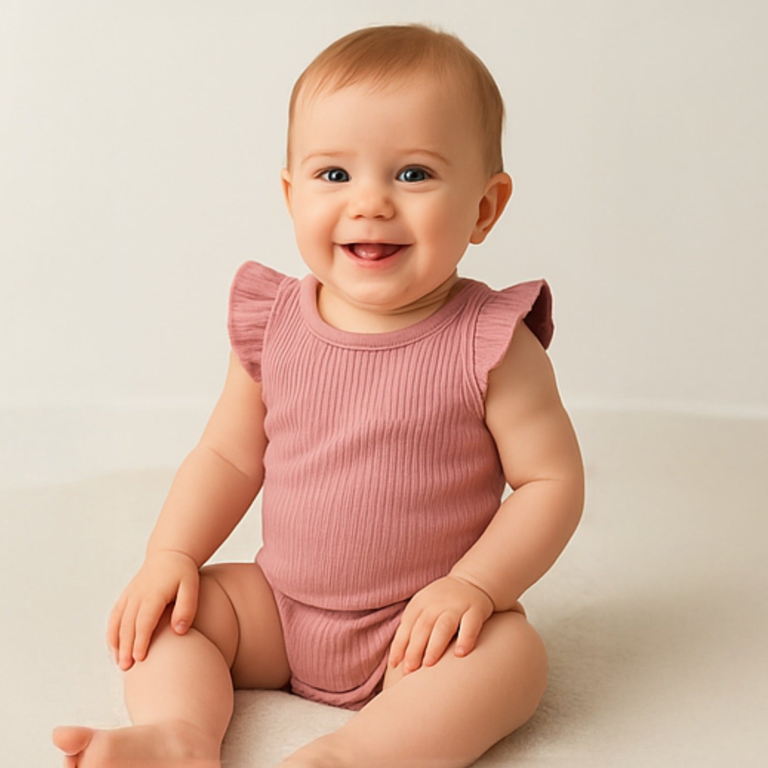 baby wearing old rose flutter sleeve organic cotton baby bodysuit with delicate ruffles and secure snap closures