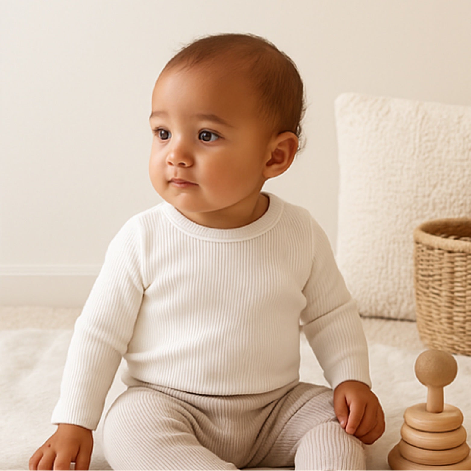baby wearing blossom white organic cotton baby shirt with ribbed texture and long sleeves, pure organic material that's gentle on skin