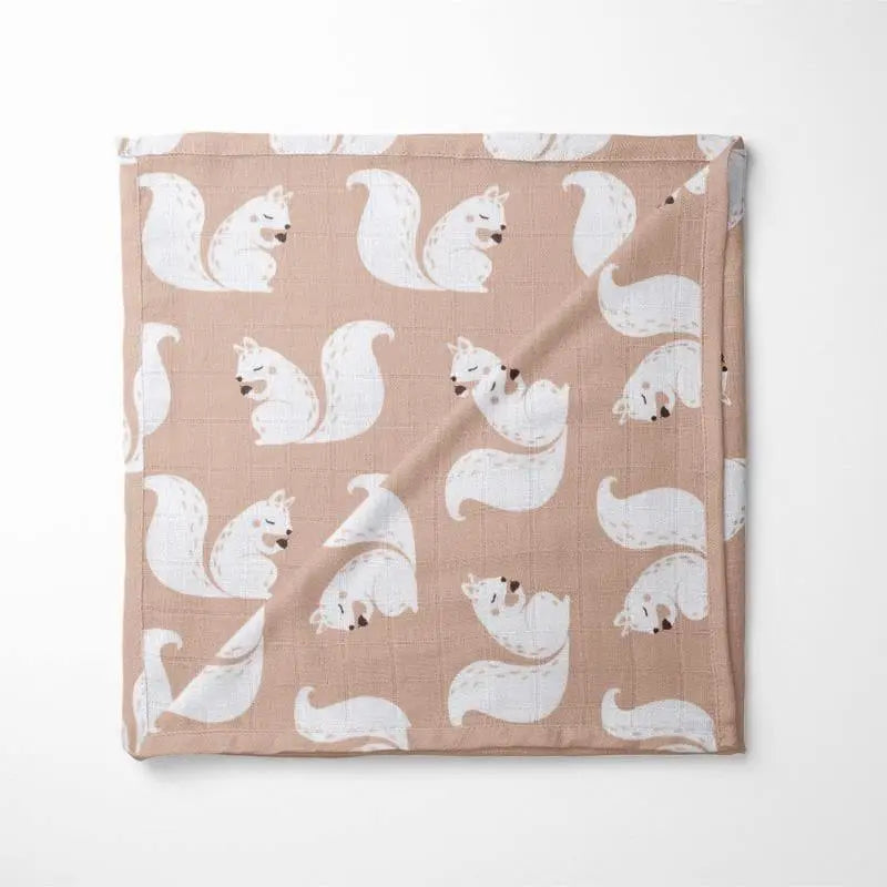 beige organic cotton baby blanket with white squirrel print pattern featuring double-layered fabric for comfort and warmth