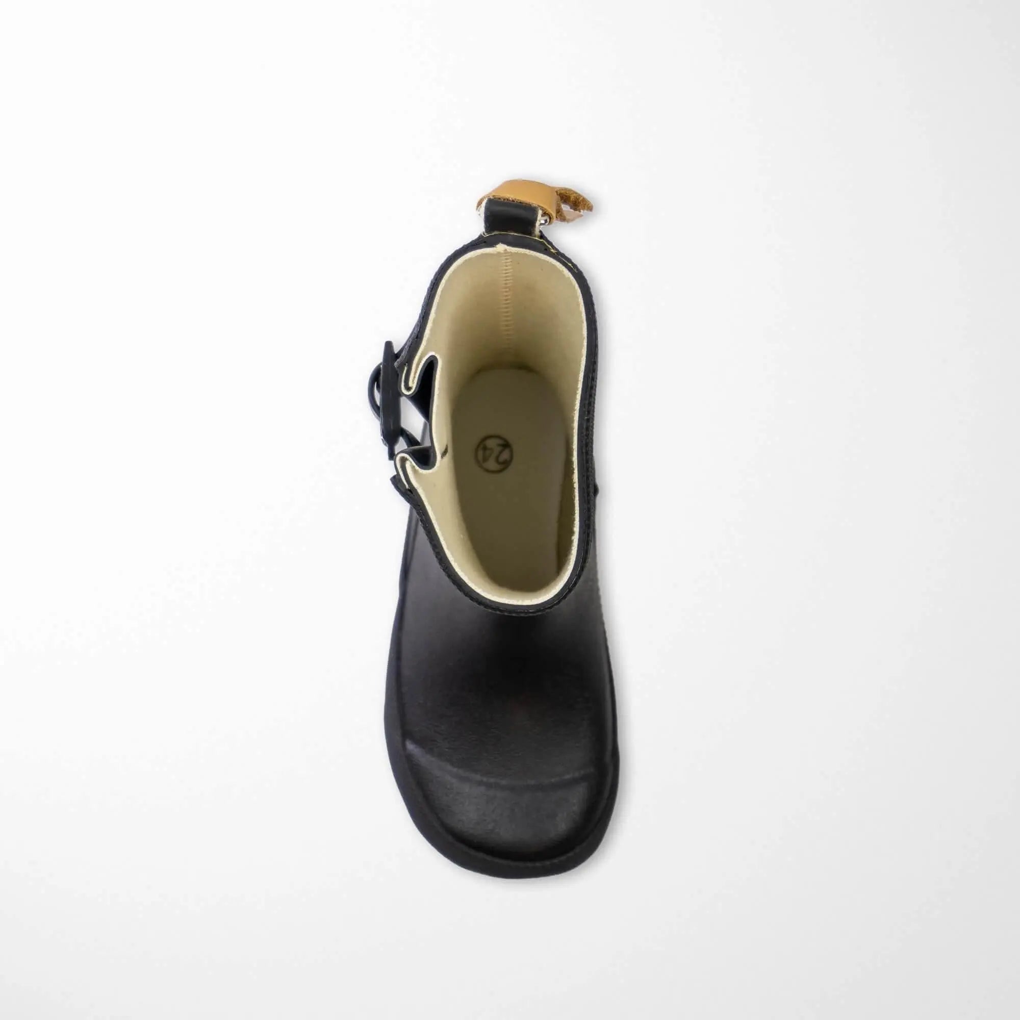 top view of black olive kids rain boots demonstrating adjustable fit feature