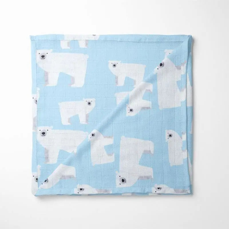 light blue organic cotton baby blanket with white polar bear print pattern featuring double-layered fabric for optimal warmth