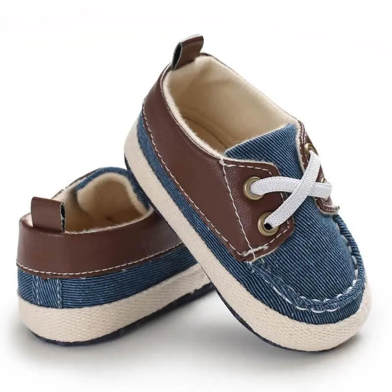 brown baby sneakers with blue accent showing comfortable non-slip design for infants