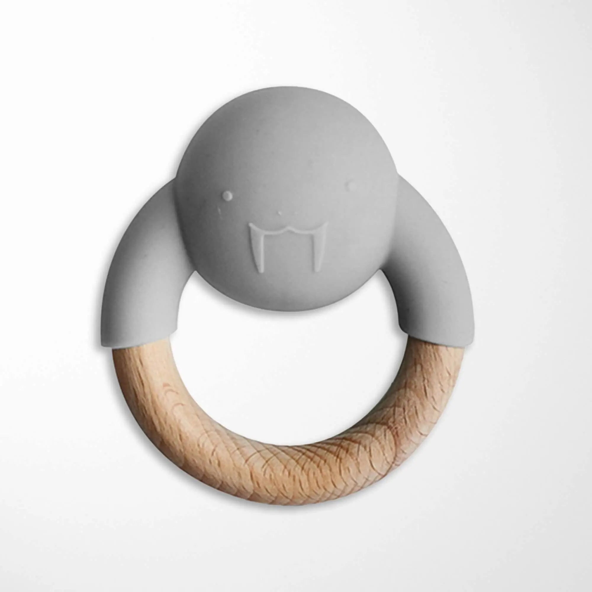gray silicone seal baby teether with natural beechwood ring providing dual textures for comprehensive teething relief and developing grip strength