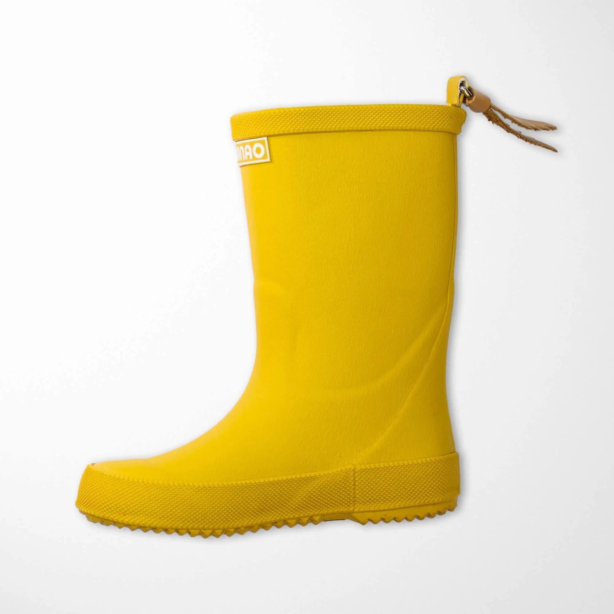 back view of lemon yellow kids rain boots featuring textured rubber sole for slip resistance
