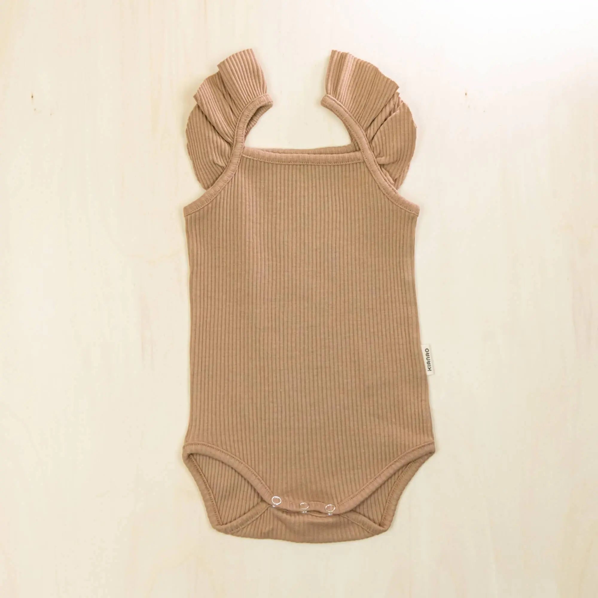 mocha flutter sleeve organic cotton baby bodysuit with dainty ruffles and lap shoulder design for easy dressing