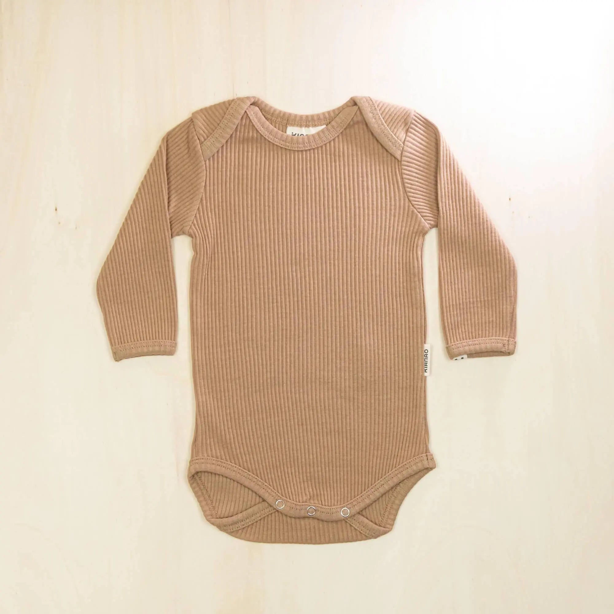 mocha long sleeve organic cotton baby bodysuit with comfortable envelope neckline for easy dressing