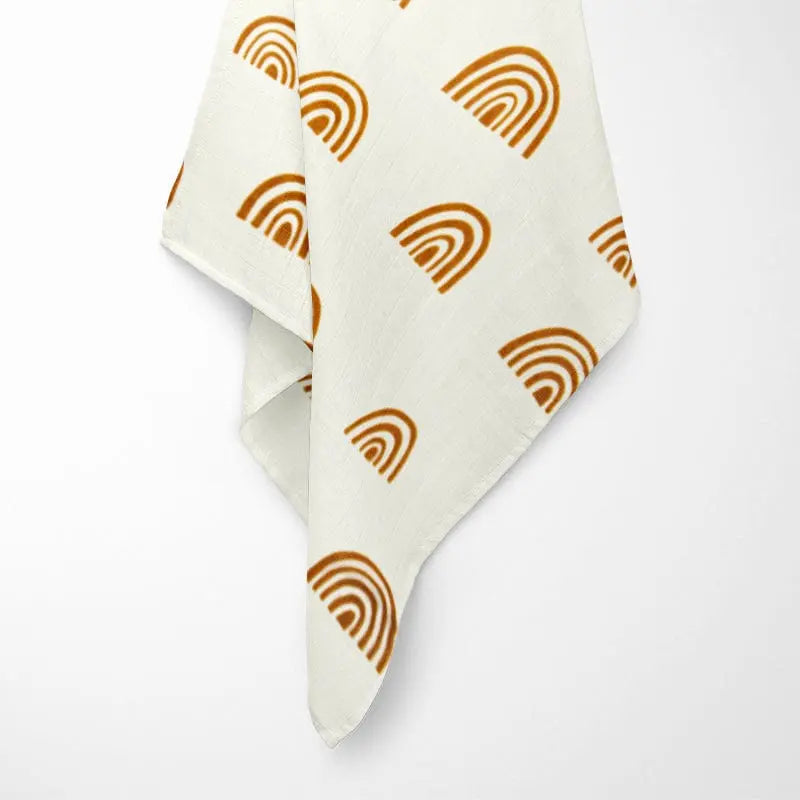 fully opened mono rainbow bamboo baby blanket displaying modern terracotta arch pattern arrangement on breathable organic fabric