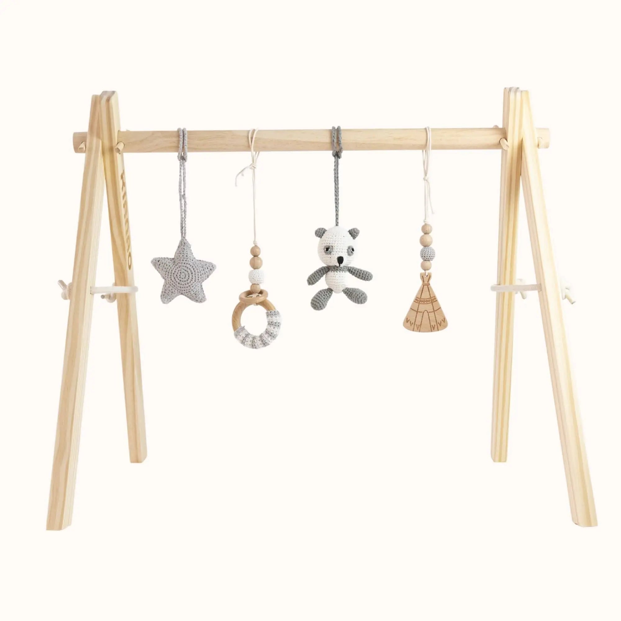 Natural wooden baby gym with grey crochet panda, star, wooden teepee and beaded ring toys on sturdy A-frame design