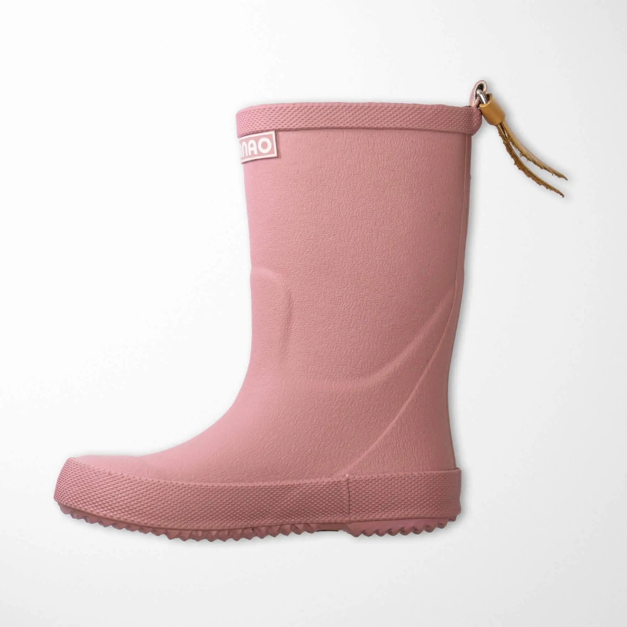 side view of old rose kids rain boots showing leather-look pull tabs for easy on and off