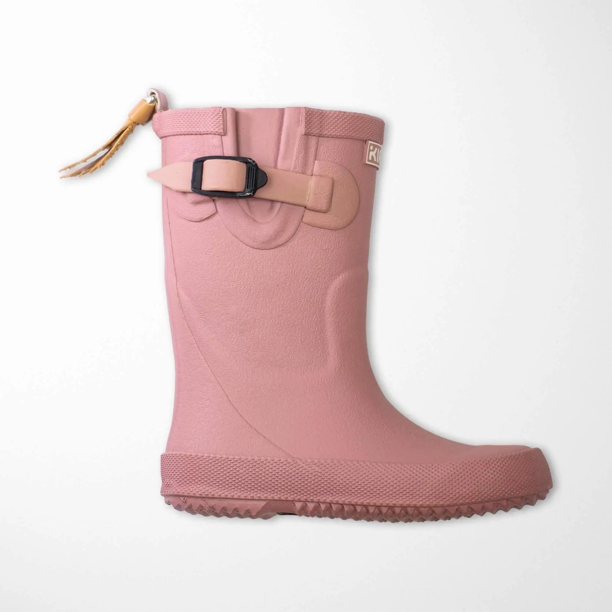 old rose kids rain boots with natural rubber construction and practical adjustable strap