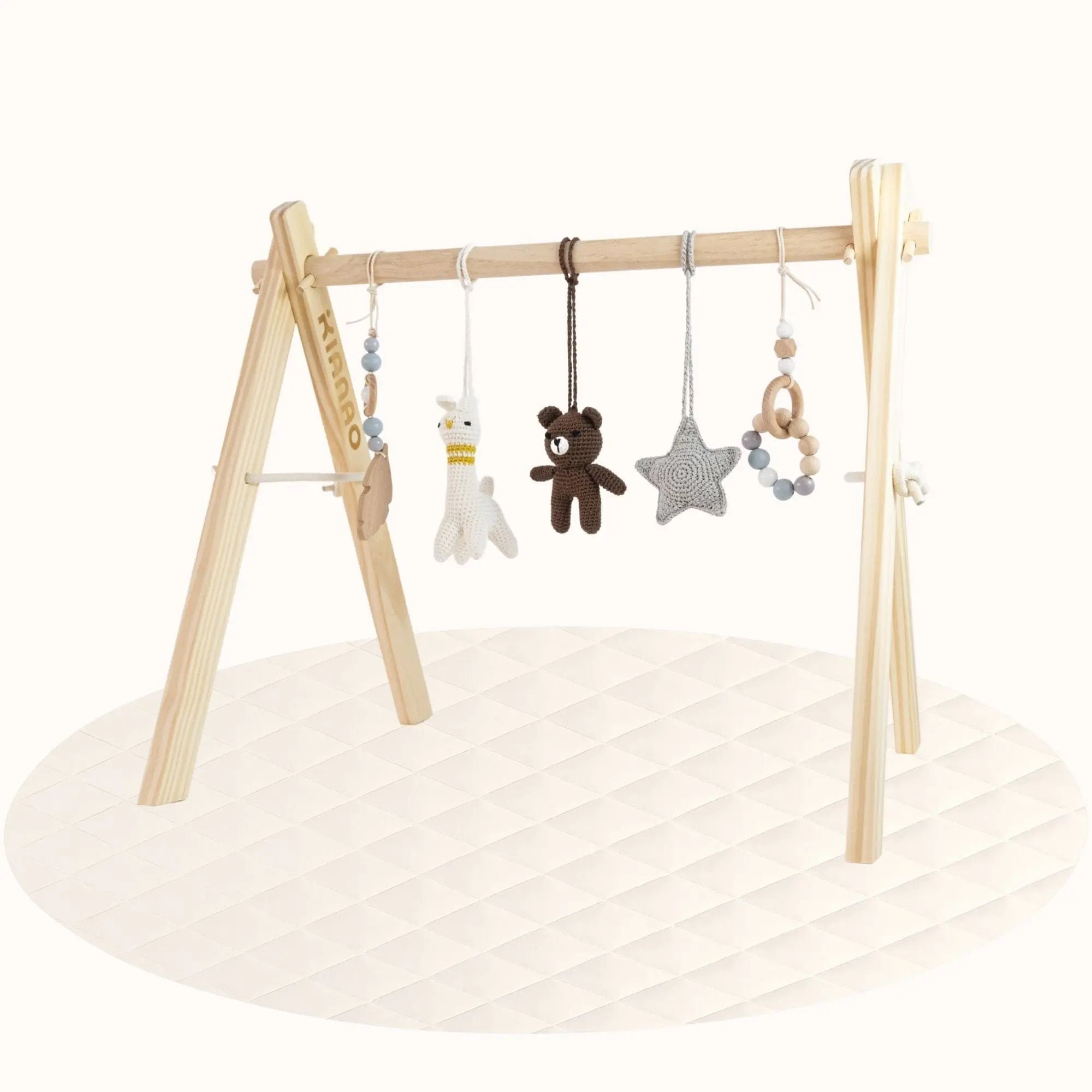 Side view of wooden Panda Play Gym showing A-frame structure with hanging grey and wooden toys