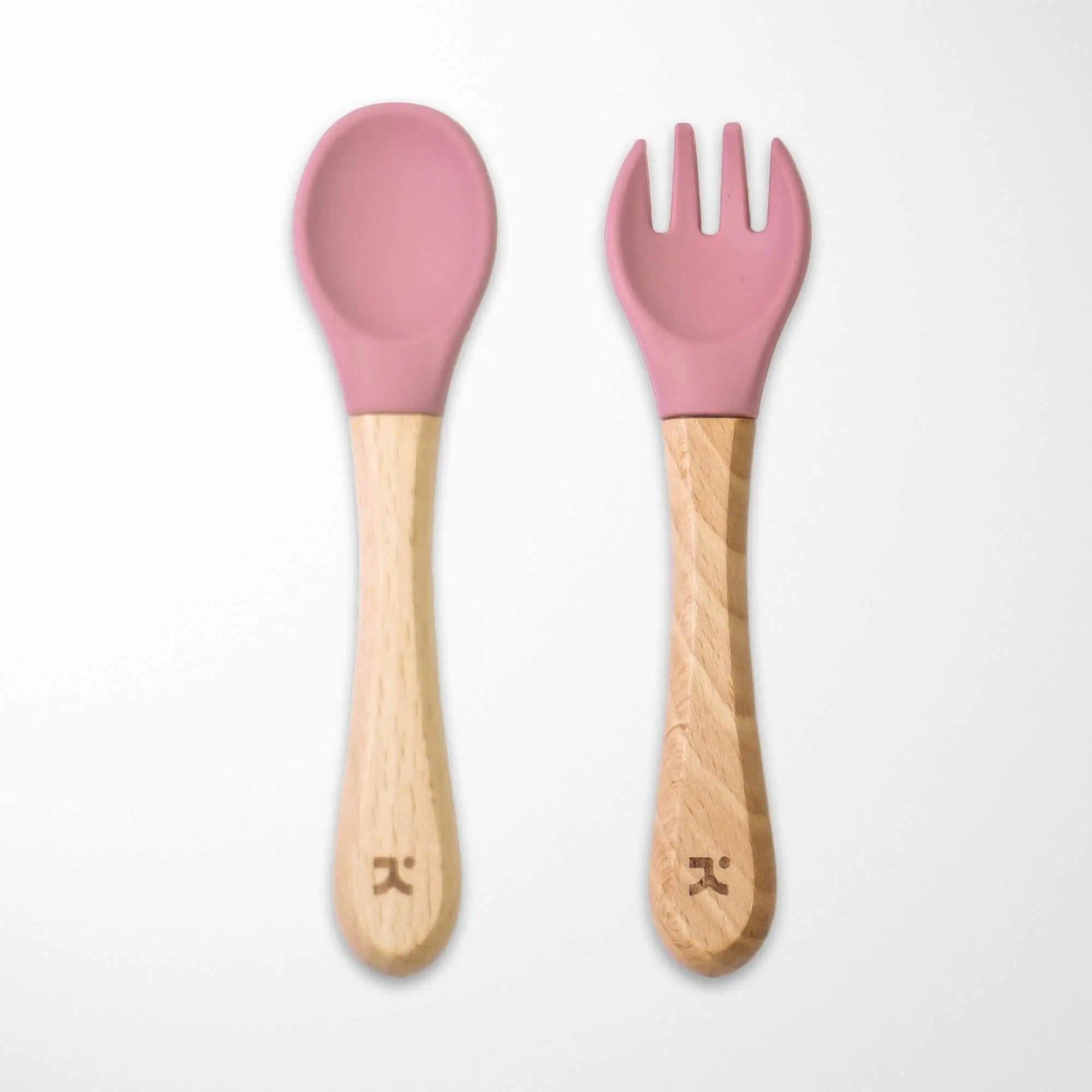 pastel violet silicone-tipped bamboo baby spoon and fork set with natural wooden handles easy for small hands to grip