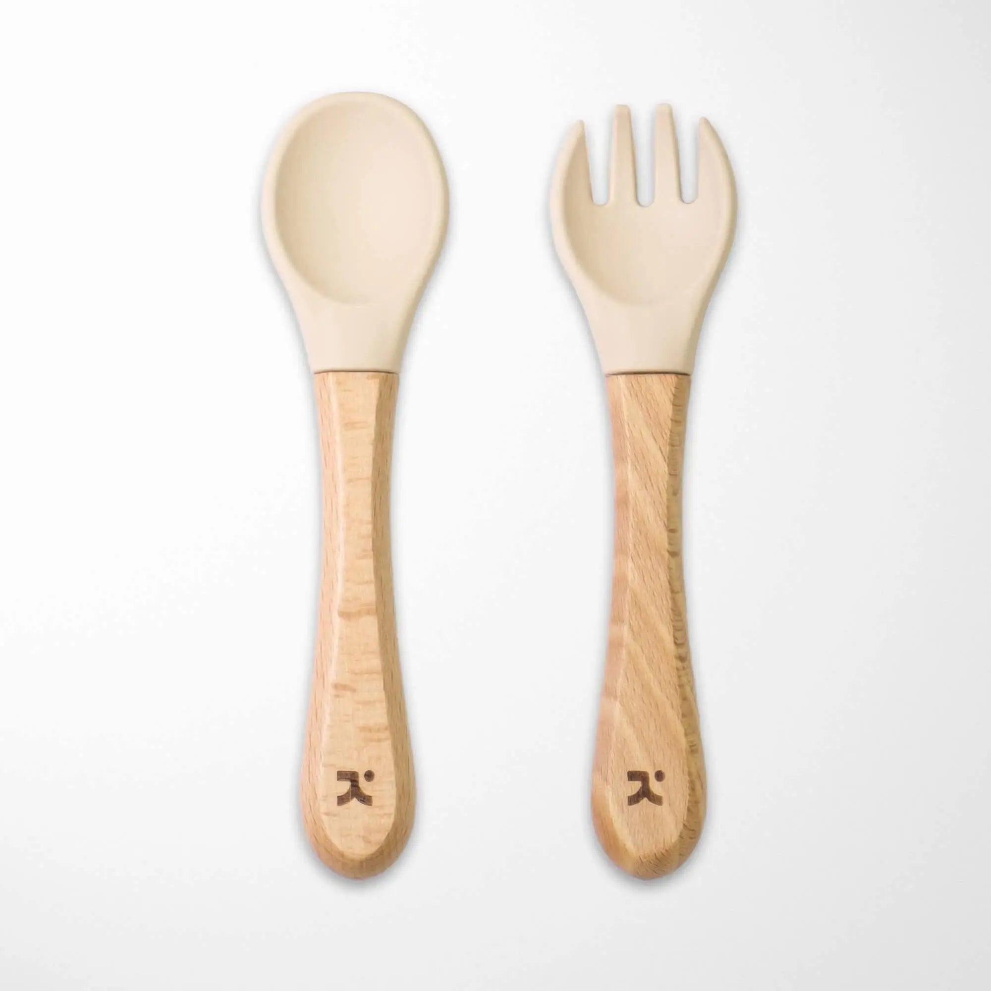 pearl beige silicone-tipped bamboo baby spoon and fork set with eco-friendly wooden handles gentle on baby gums