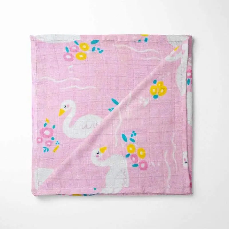 pink bamboo baby blanket with colorful swan pattern, organic and ultra-soft for sensitive skin