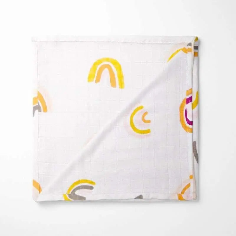 folded rainbow pattern organic bamboo baby blanket with soft grid texture, white background with colorful arches
