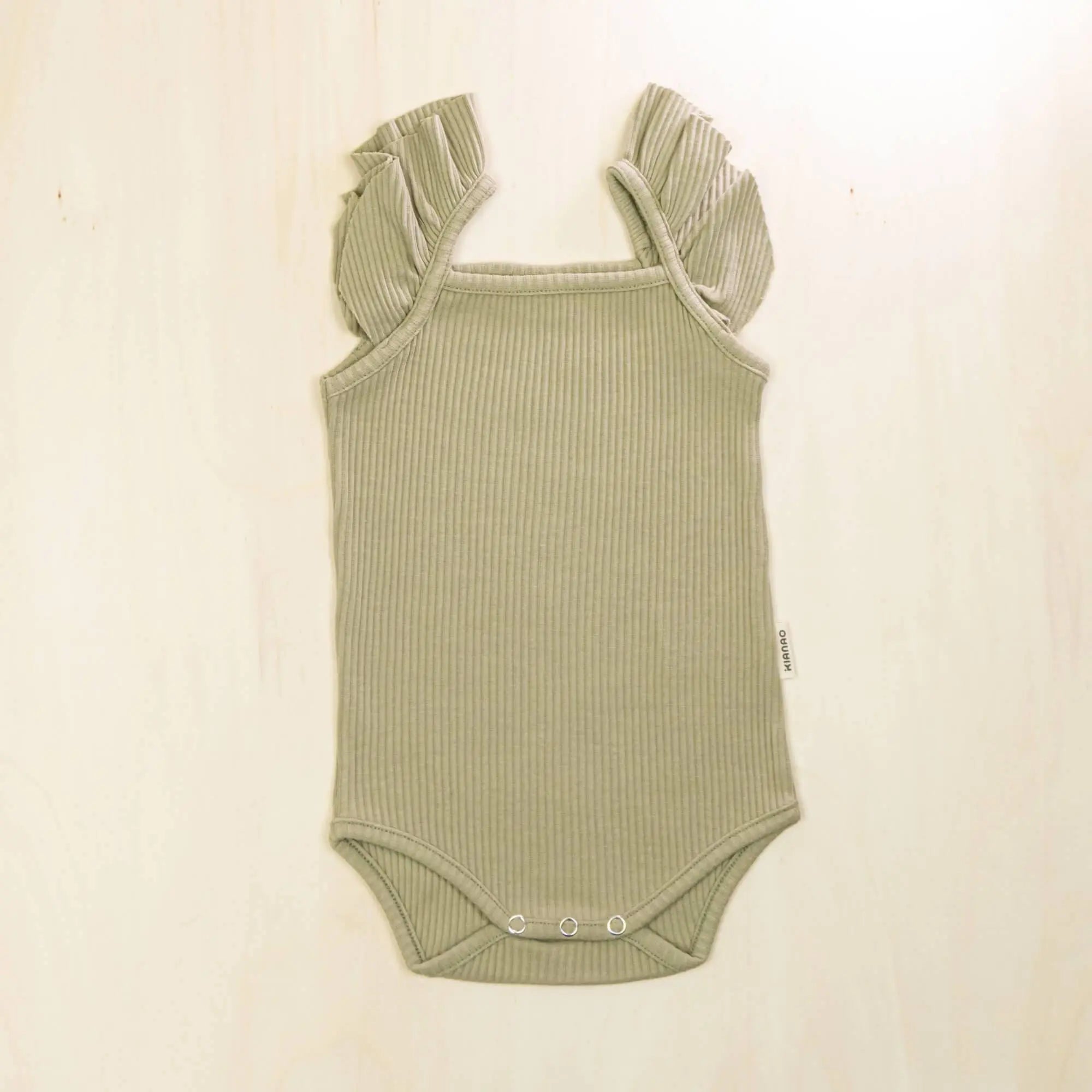sage green flutter sleeve organic cotton baby bodysuit with charming ruffle detail made from 95% organic cotton
