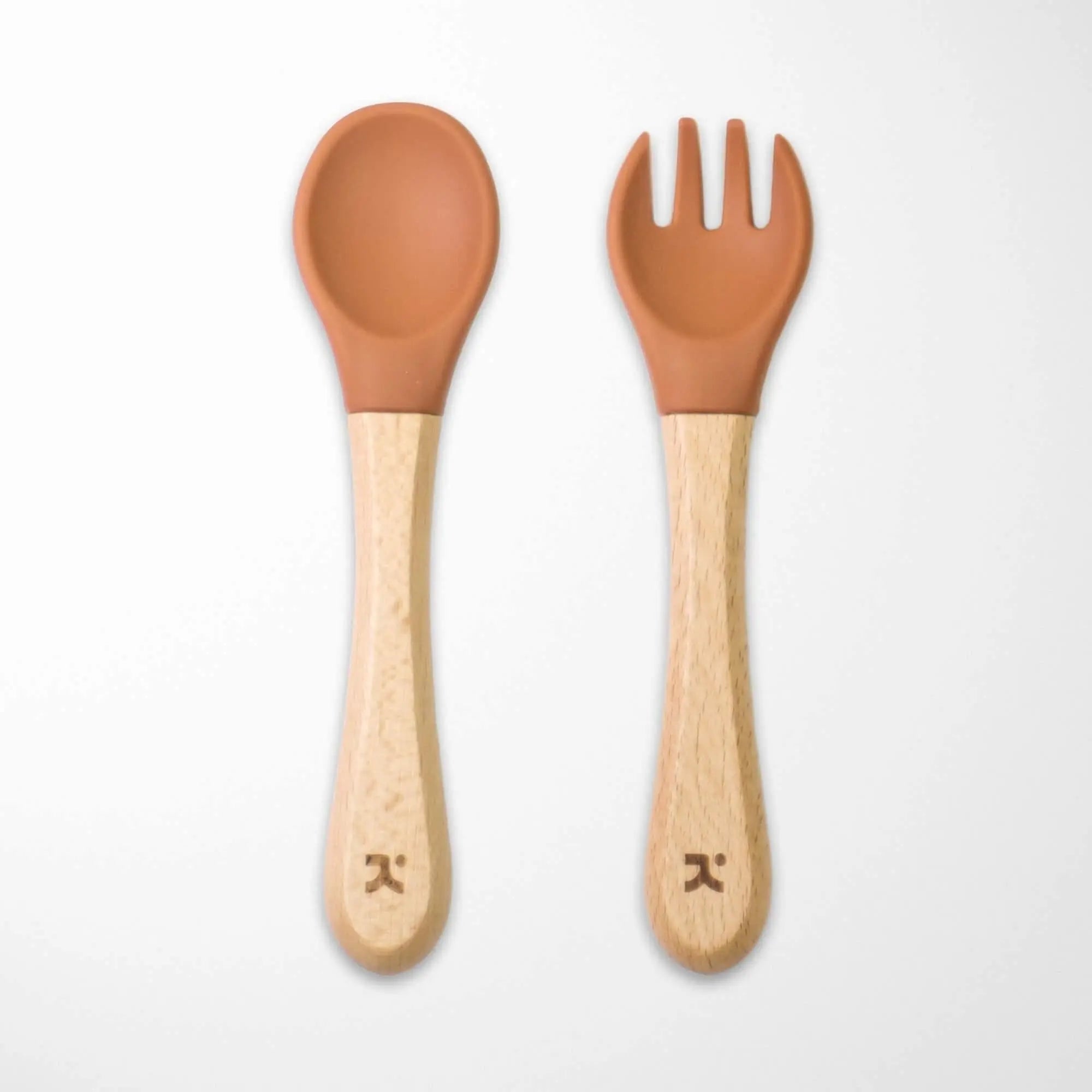 sand color silicone-tipped bamboo baby spoon and fork set with antimicrobial wooden handles for healthy mealtimes