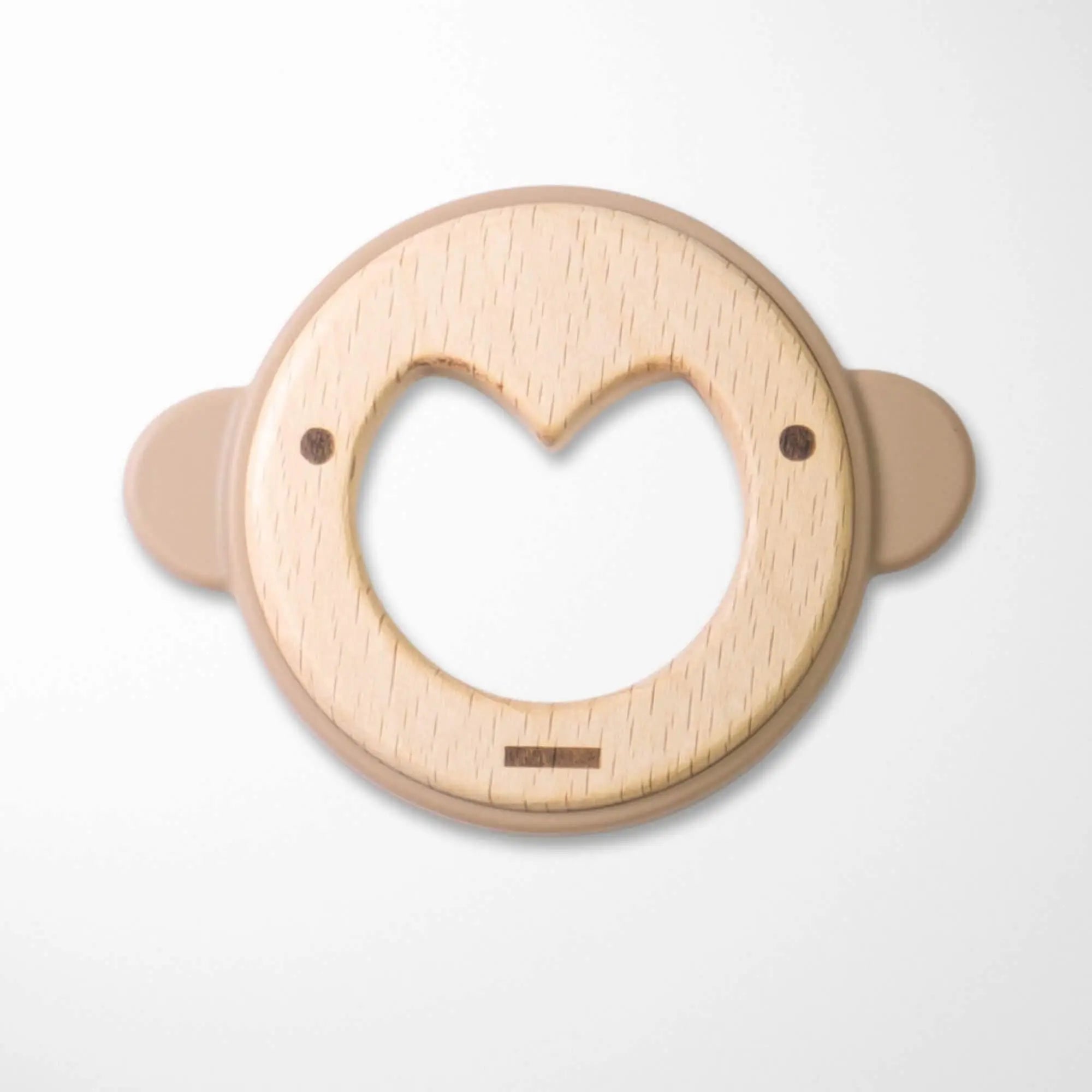 sand color silicone ear wooden monkey teether with heart-shaped opening and smooth beechwood center for natural teething comfort