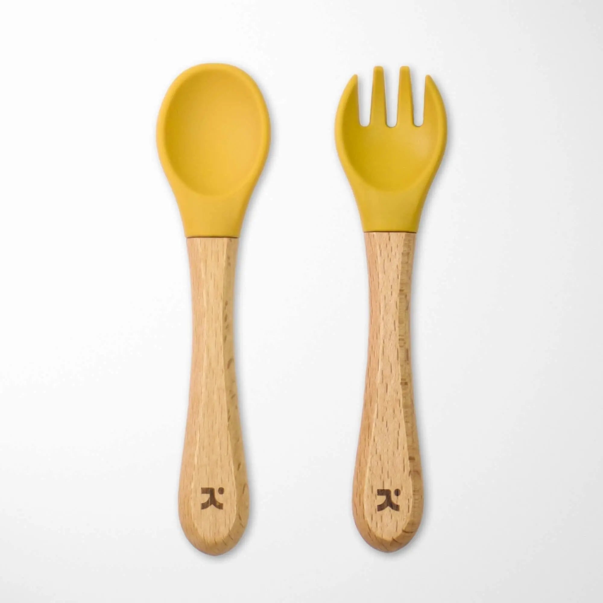 sand yellow silicone-tipped bamboo baby spoon and fork set with sustainable wooden handles perfect for toddler dining adventures