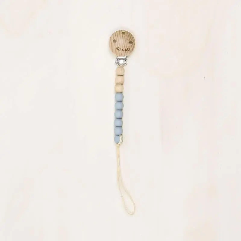 sapphire blue wooden and silicone pacifier clip with smooth beads for baby teething relief