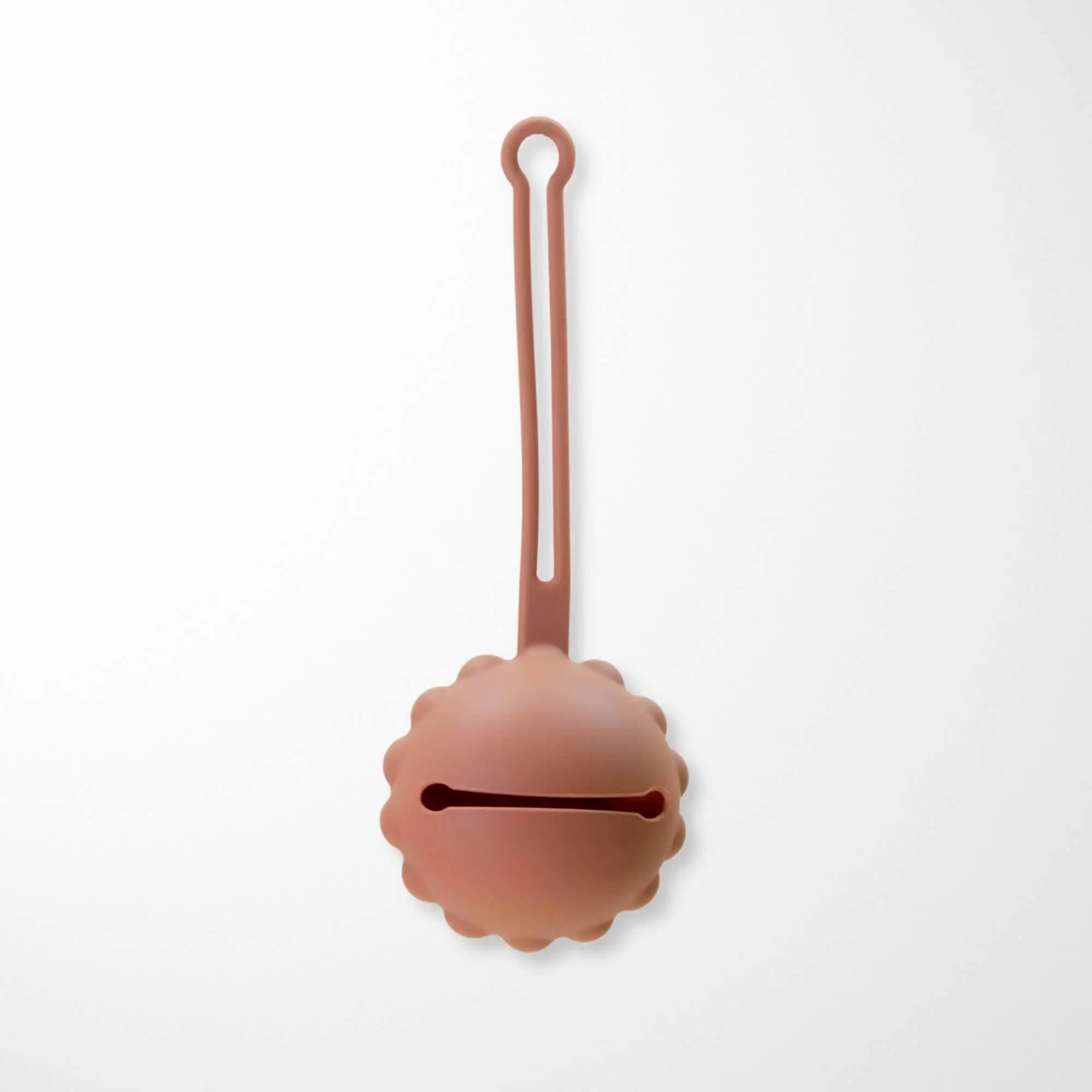 satin brown silicone baby pacifier holder with scalloped design and convenient carrying loop