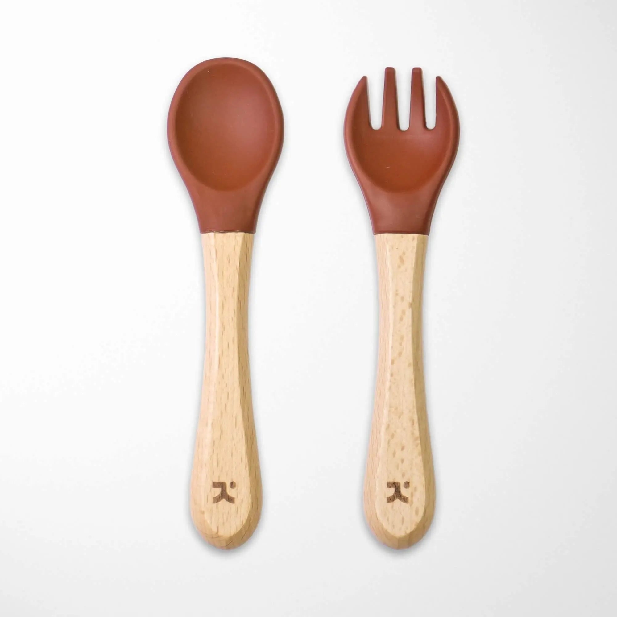 satin brown silicone-tipped bamboo baby spoon and fork set with natural wooden handles eco-friendly feeding utensils