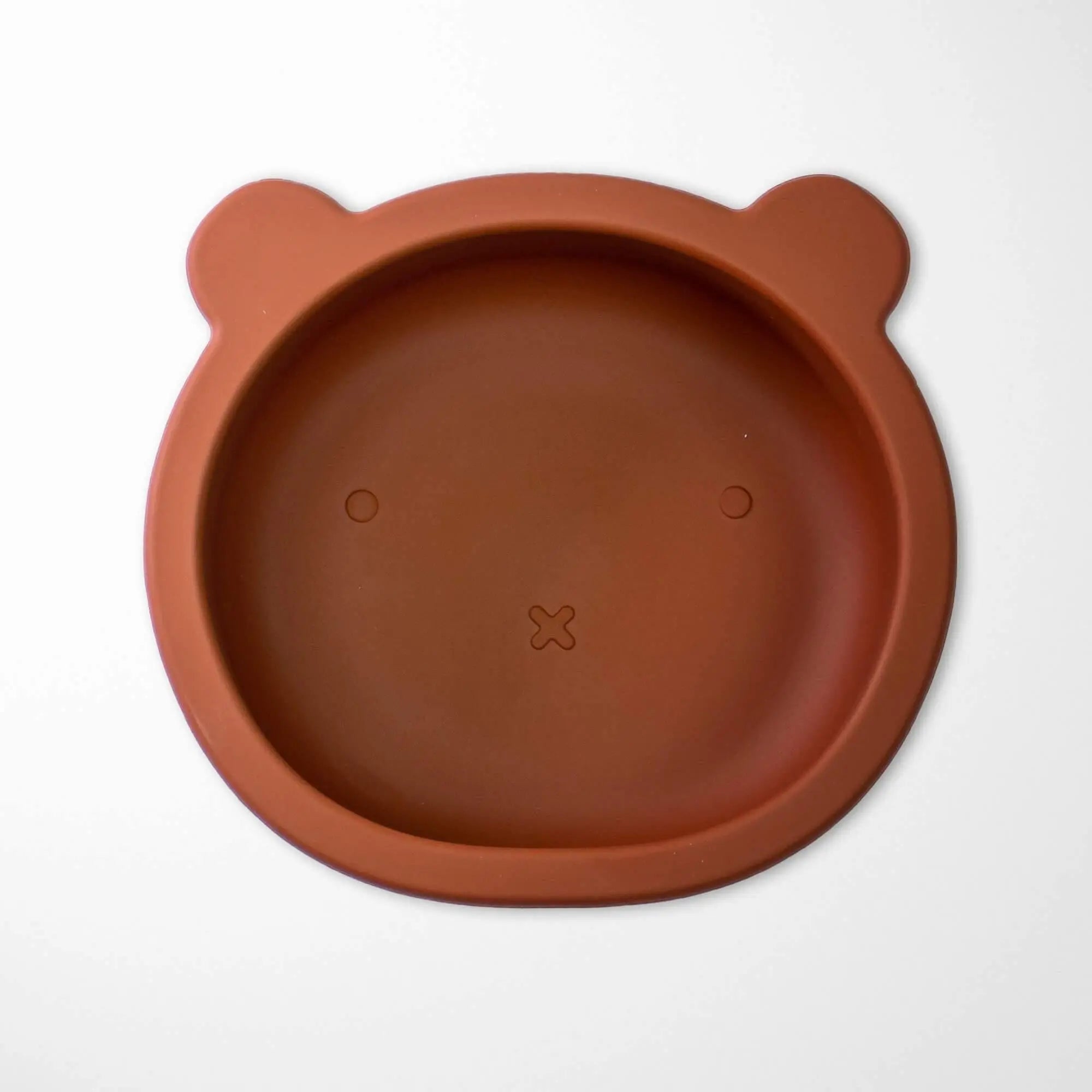 satin brown bear-shaped silicone bowl with suction base featuring adorable ears and deep food well for toddler meals