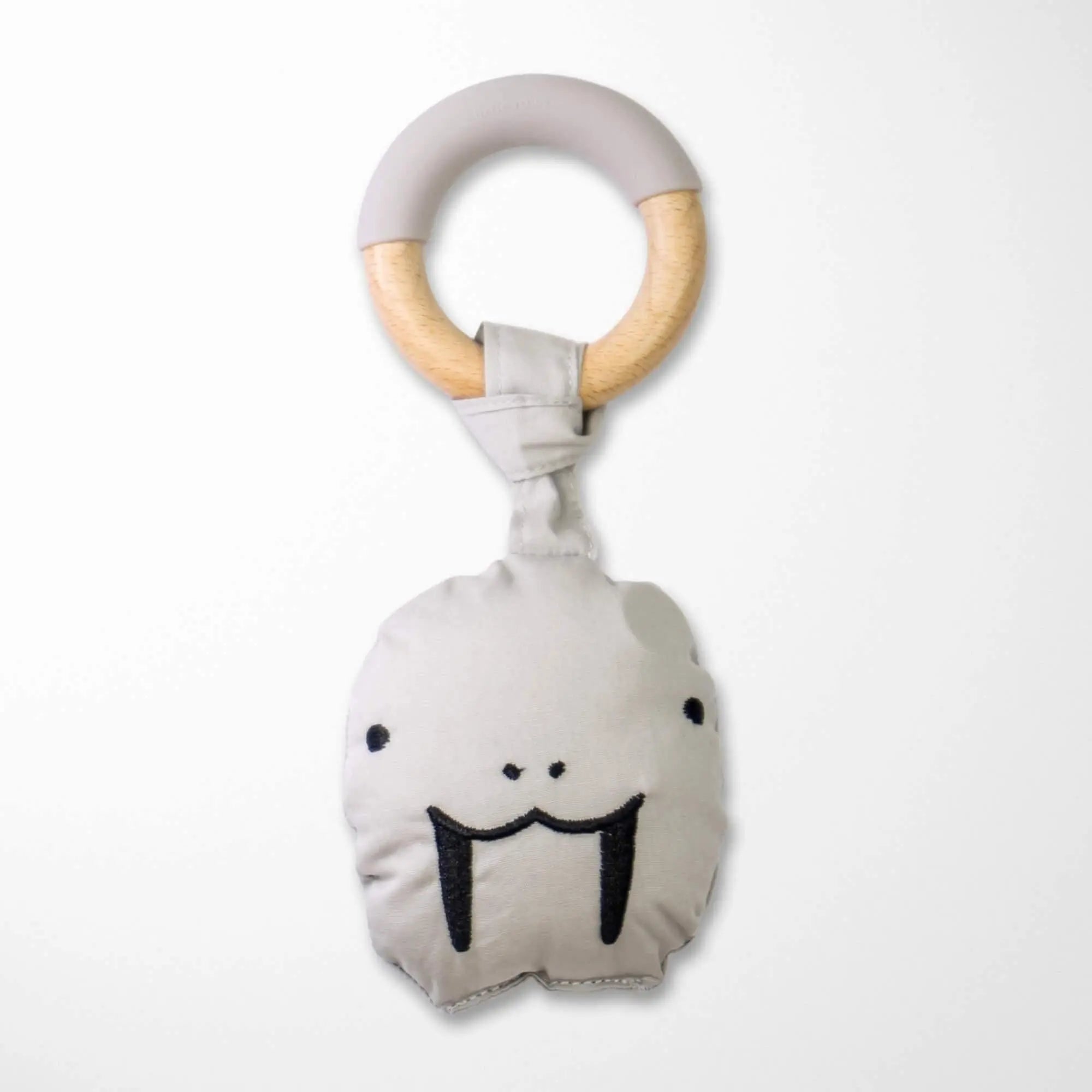 slate gray plush monster rattle teething toy with wooden ring, organic cotton baby teether in neutral color