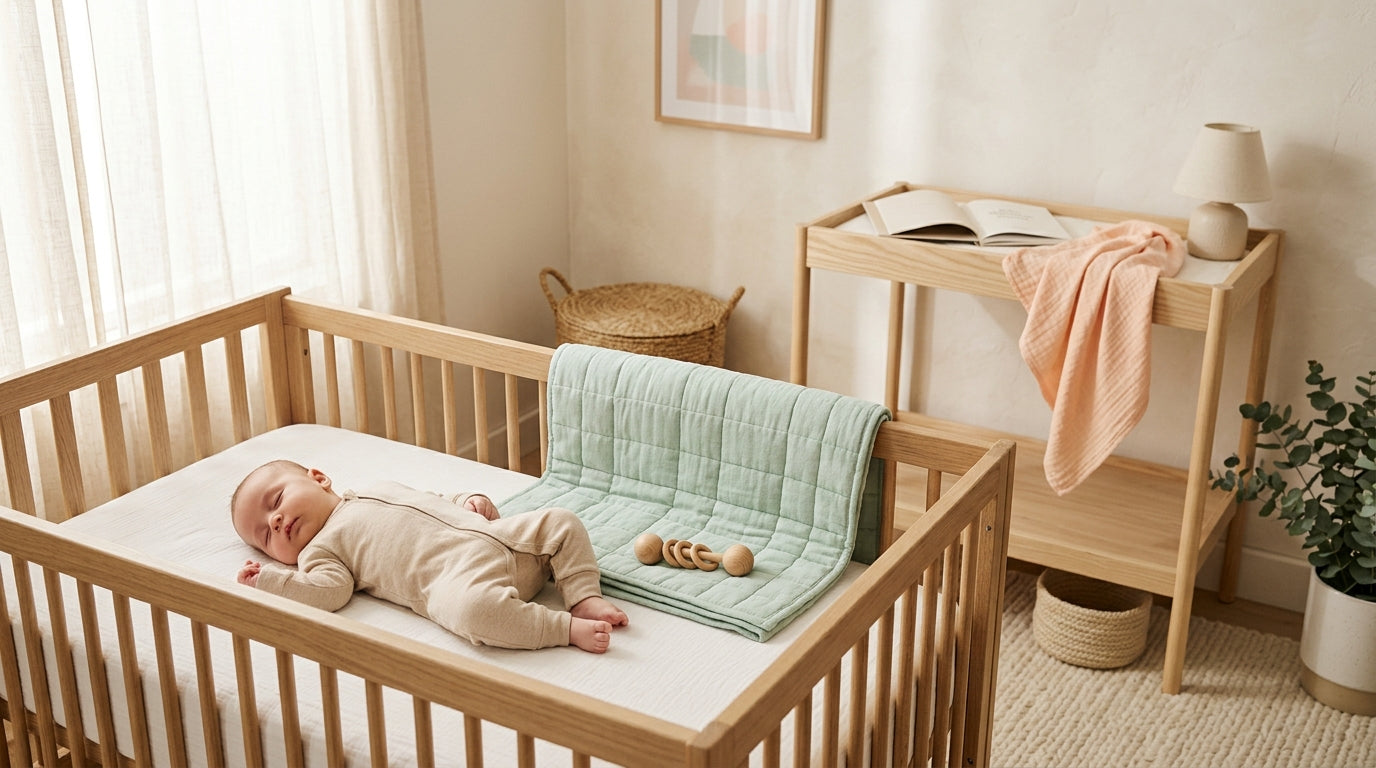Stressed mom holding coffee and looking at her phone next to a sleeping baby