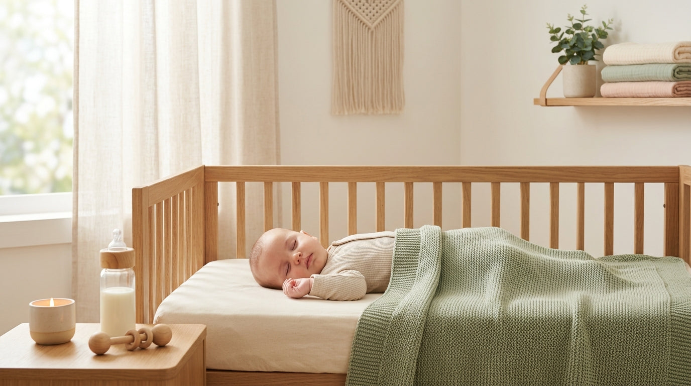 A tired mom holding her four month old baby on an organic cotton play mat