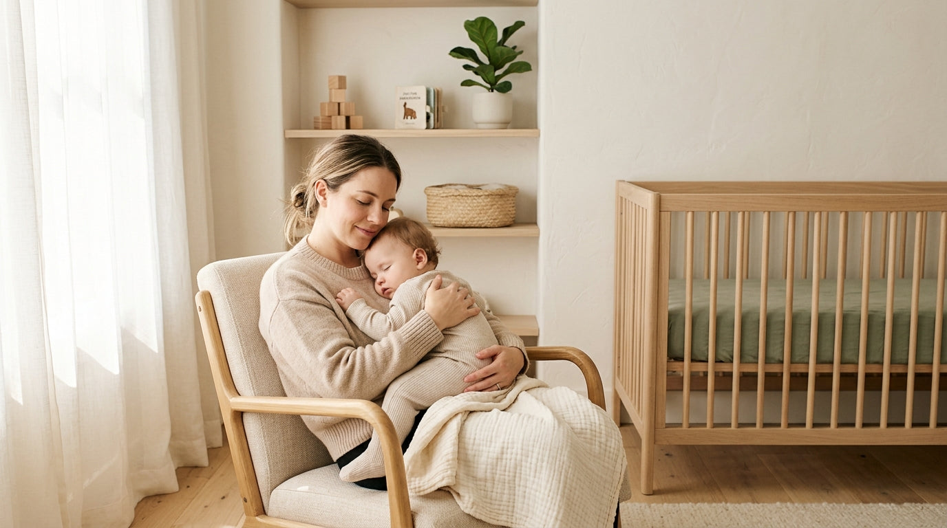 Exhausted mother holding her standing nine month old infant in a crib at night