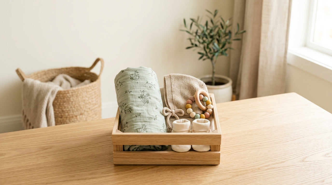 A tired dad holding a giant pile of useless baby accessories