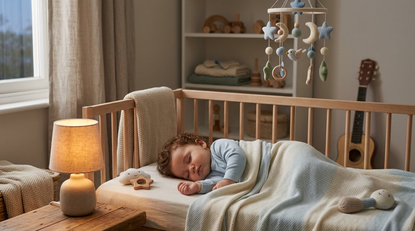 Tired mom holding an acoustic guitar and a baby blanket in a messy nursery