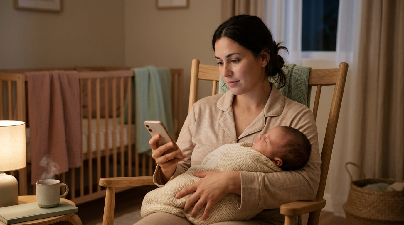 Marcus reading the adriana smith baby update on his phone in a dark nursery