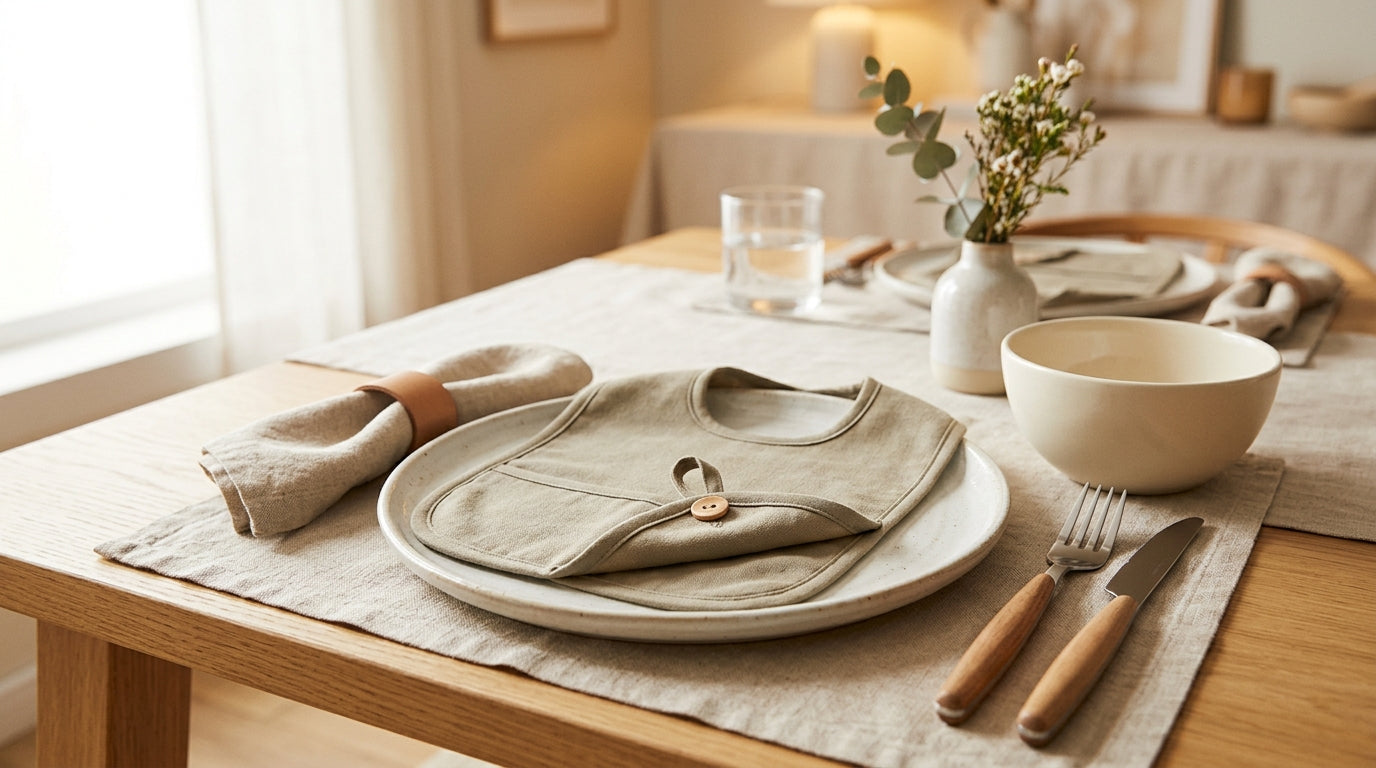 A nice dinner table setup with a subtle clothing protector folded next to a plate