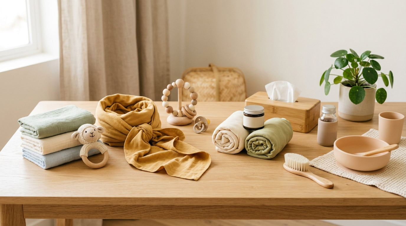 A tired mom holding a coffee mug looking at a baby registry checklist on her laptop.