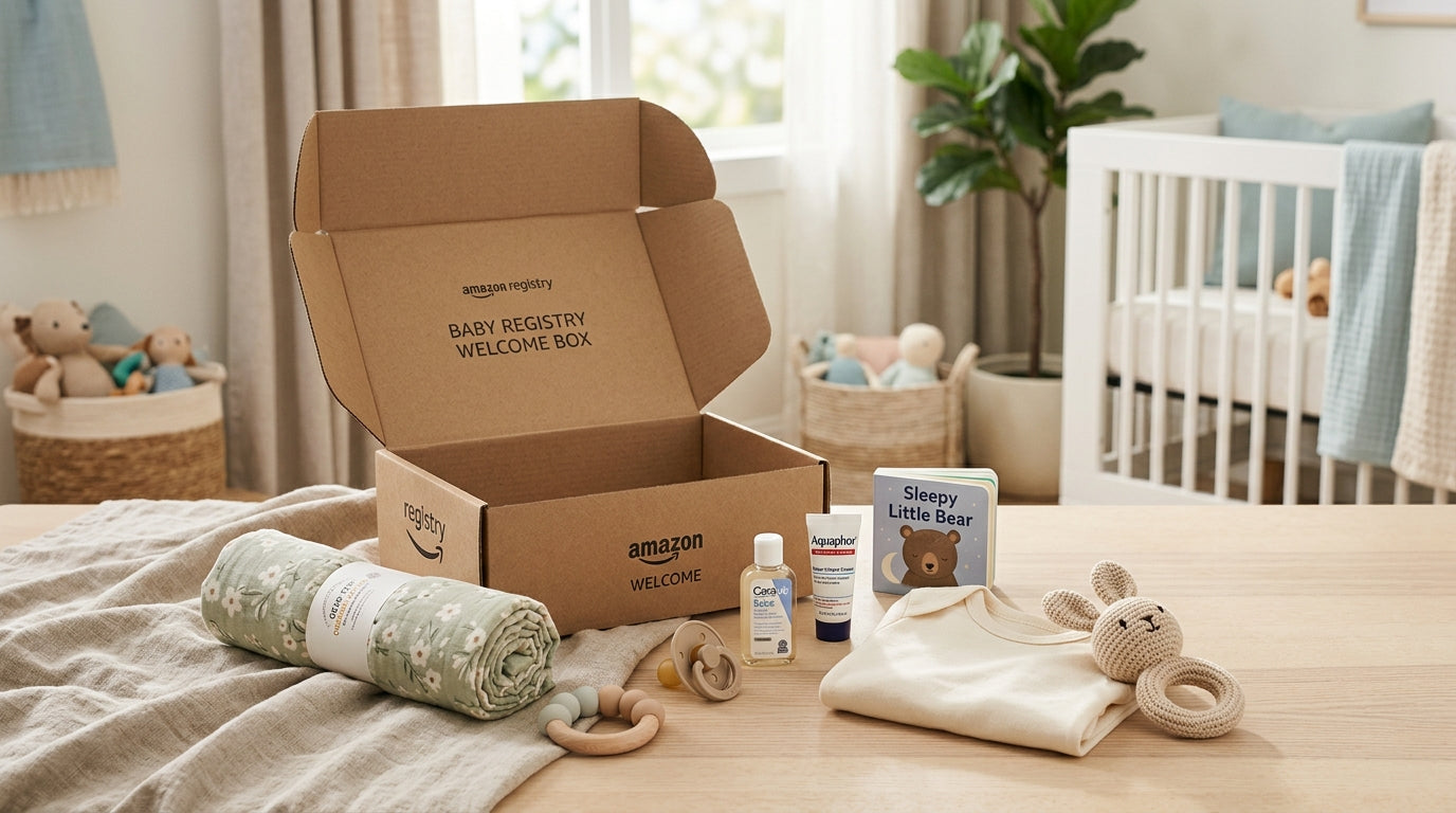 Open cardboard baby box sitting on a messy living room rug next to folded laundry