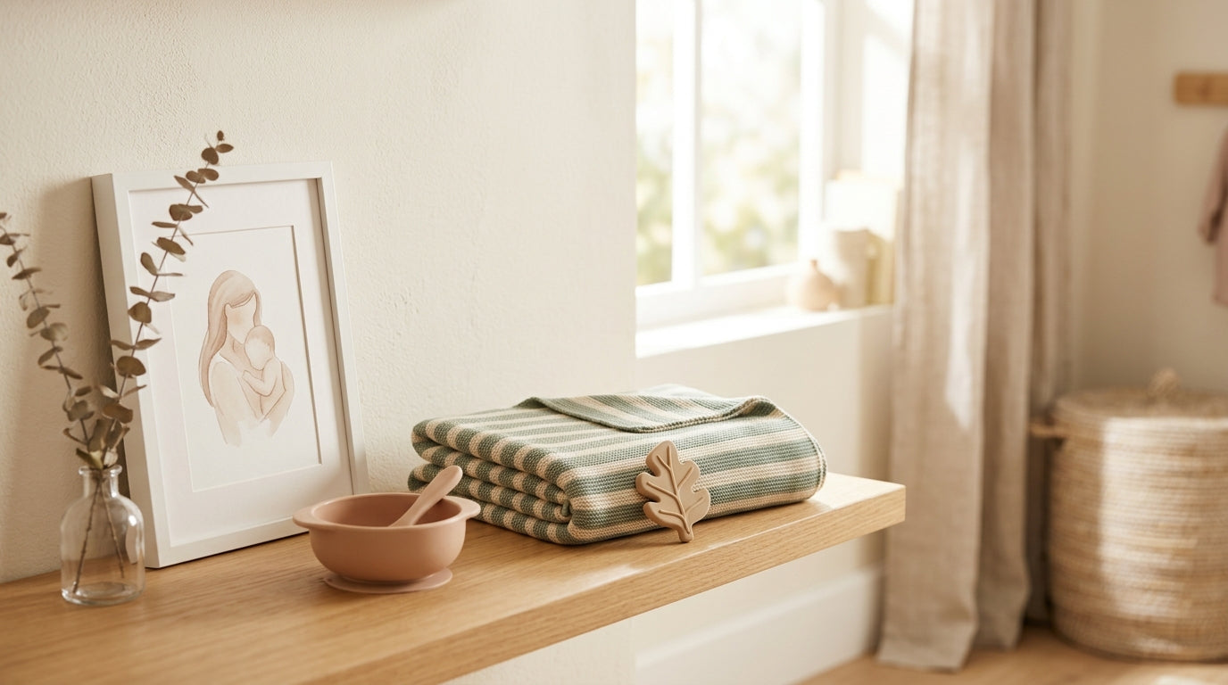 A tired mother sitting alone in a dimly lit nursery holding her baby.