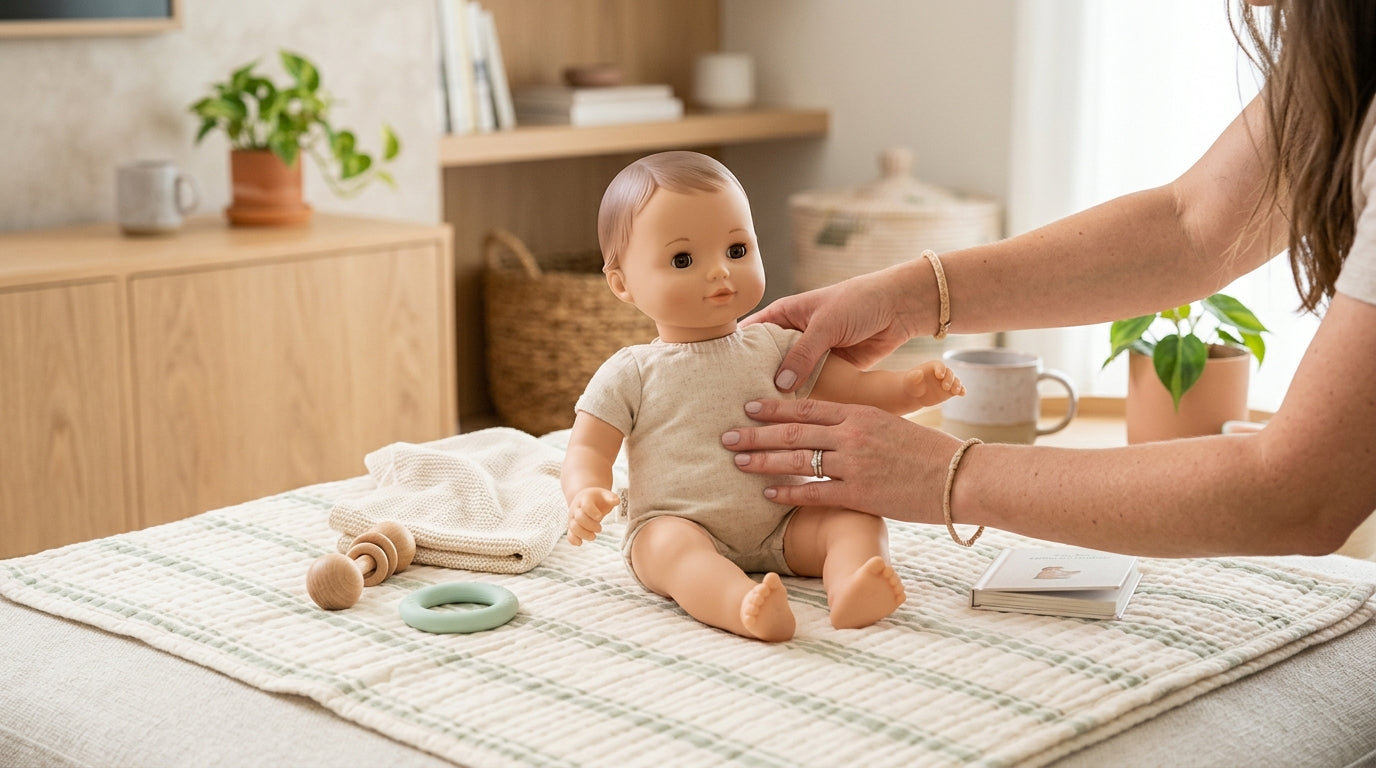 Confused dad holding an American Girl Bitty Baby doll while his toddler looks on in the nursery.