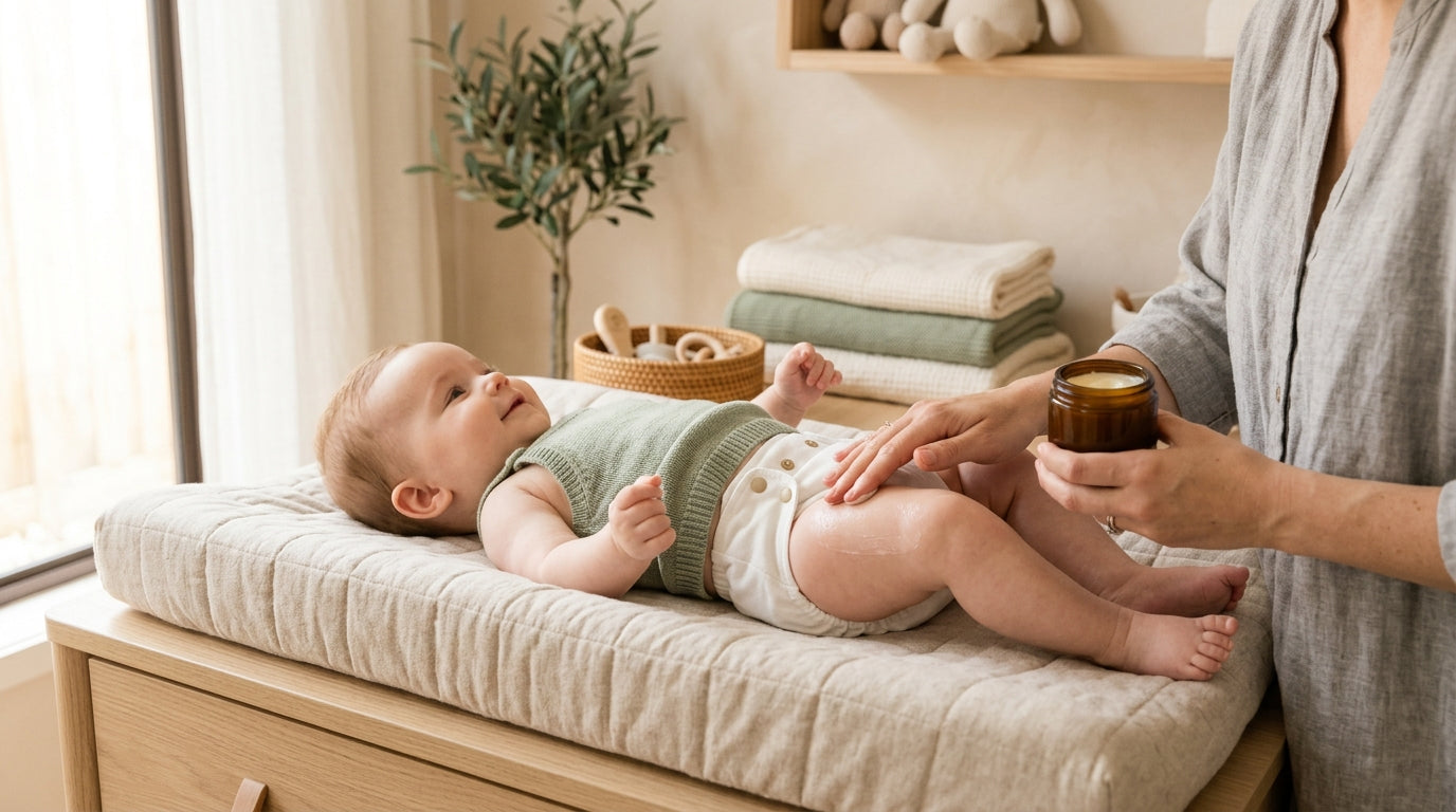 Tired dad examining baby clothing labels while holding a tube of nappy cream