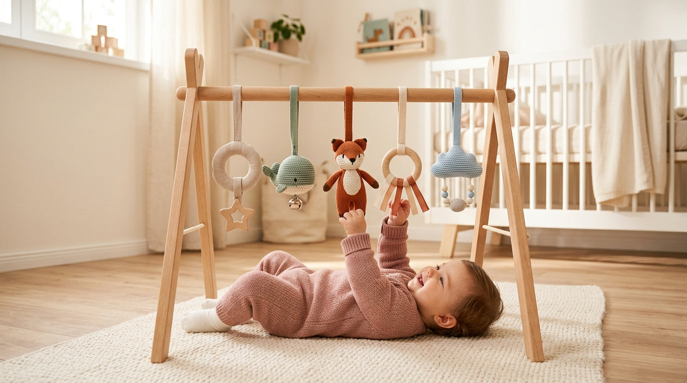 Wooden play gym with simple minimalist anhänger spielbogen hanging down
