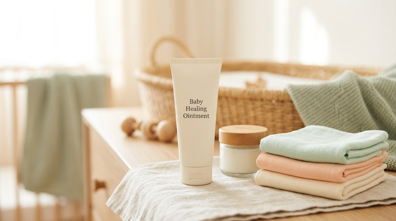 Mother holding a tube of baby skin barrier ointment during a diaper change