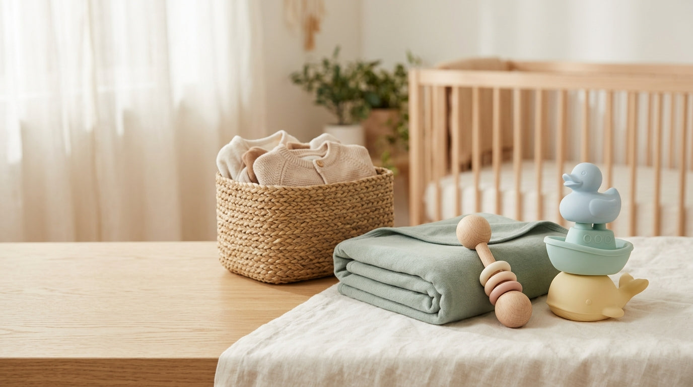 Exhausted dad holding a wooden play gym toy while looking skeptically at a smartphone screen.