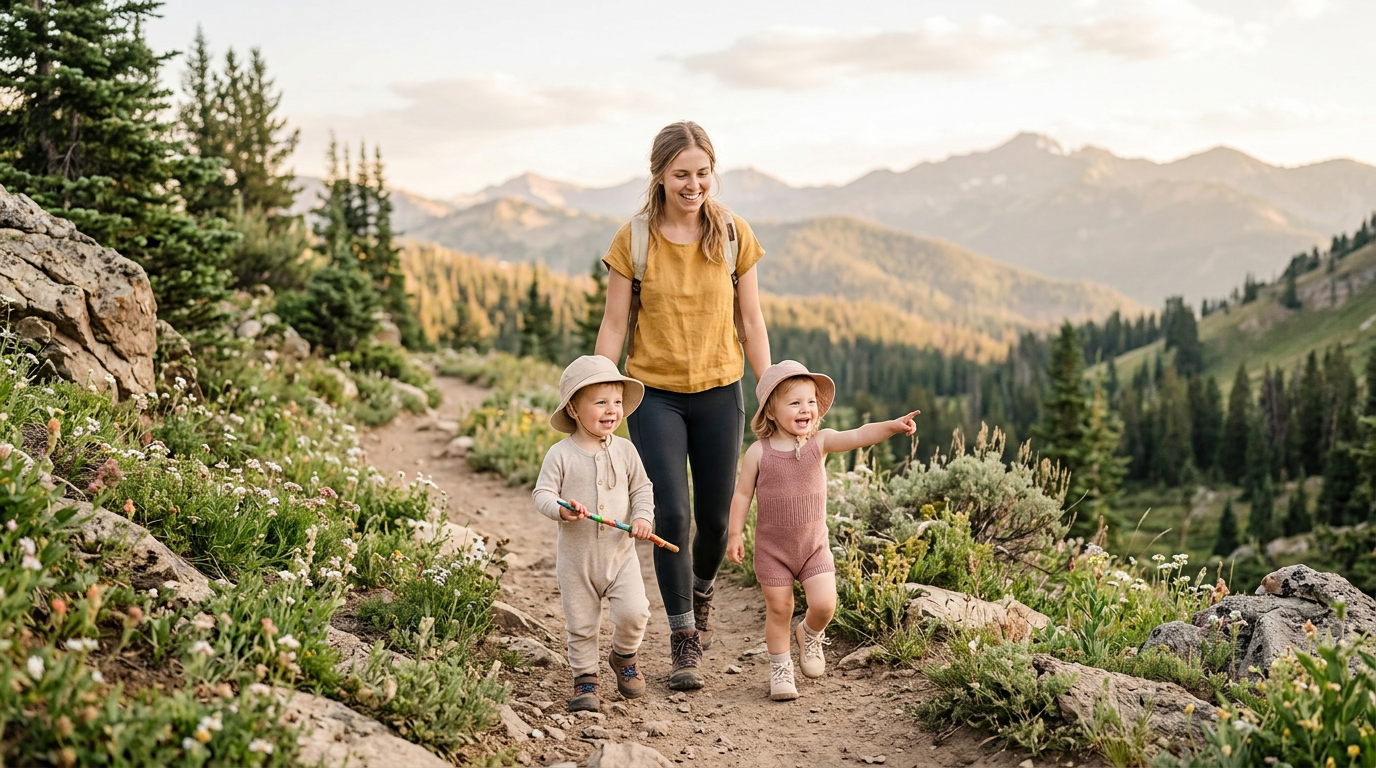 Exhausted mom sweating on Ashlyn Peaks trail with baby gemini in carrier