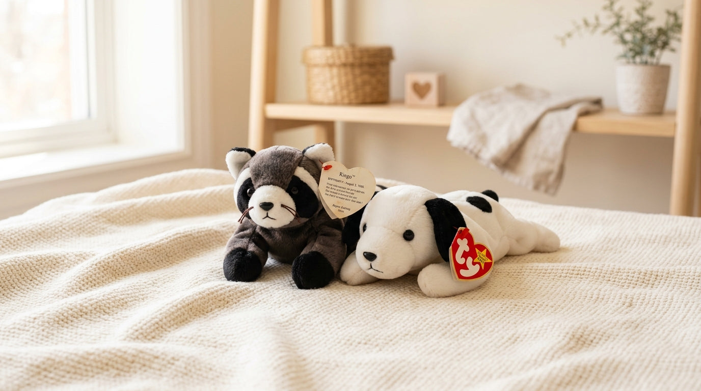 Vintage Ty plush toys sitting on a nursery shelf next to modern organic baby products