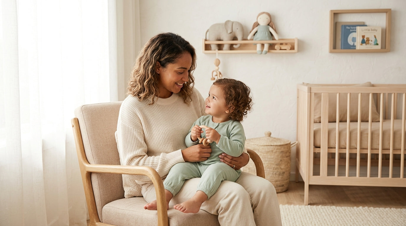 Toddler sitting on a rug playing independently with natural wooden blocks.