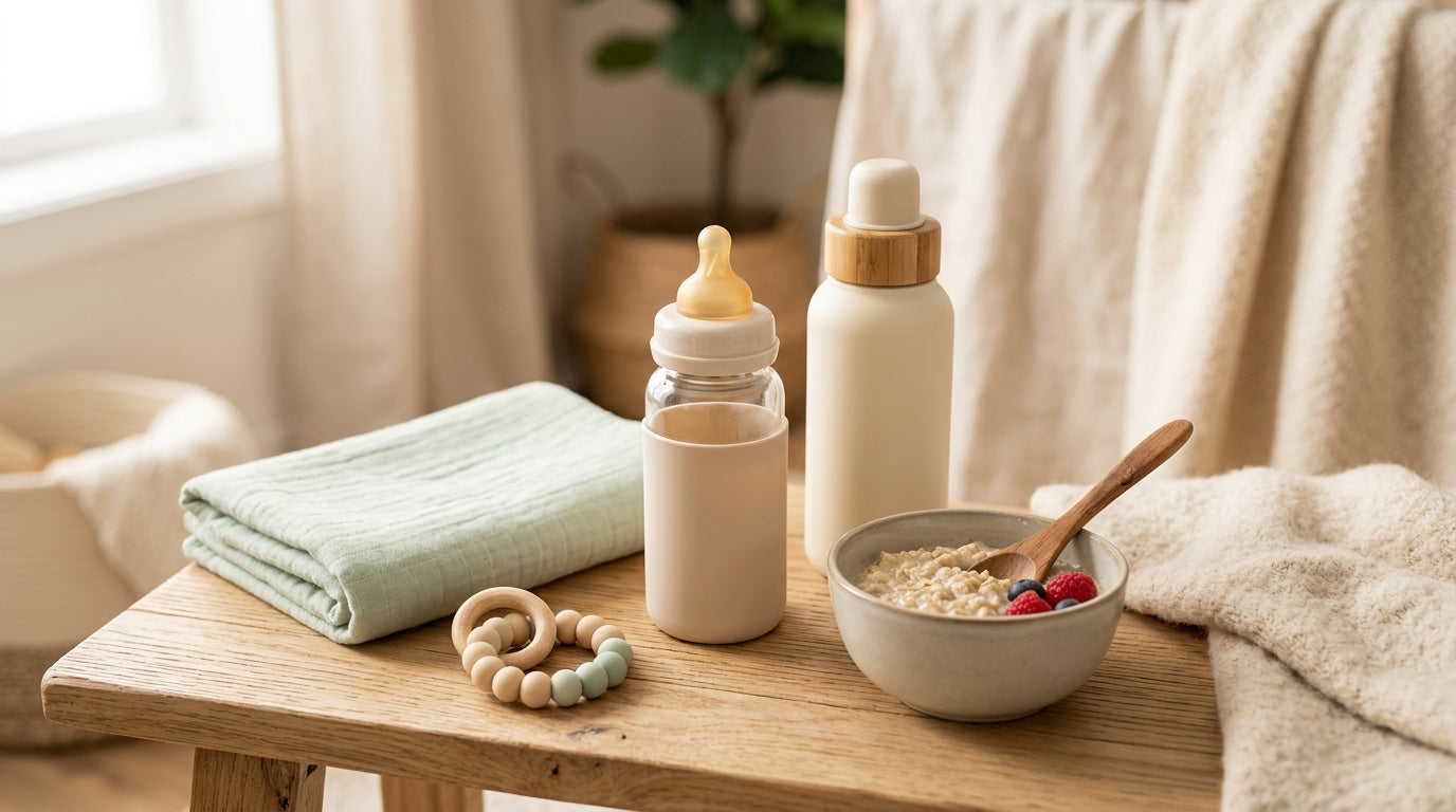 A frustrated mom holding a baby in a grocery store aisle looking at labels.