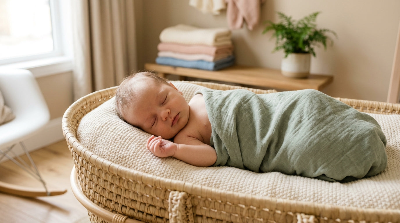 A sleeping newborn swaddled in an organic cotton blanket with a peaceful expression