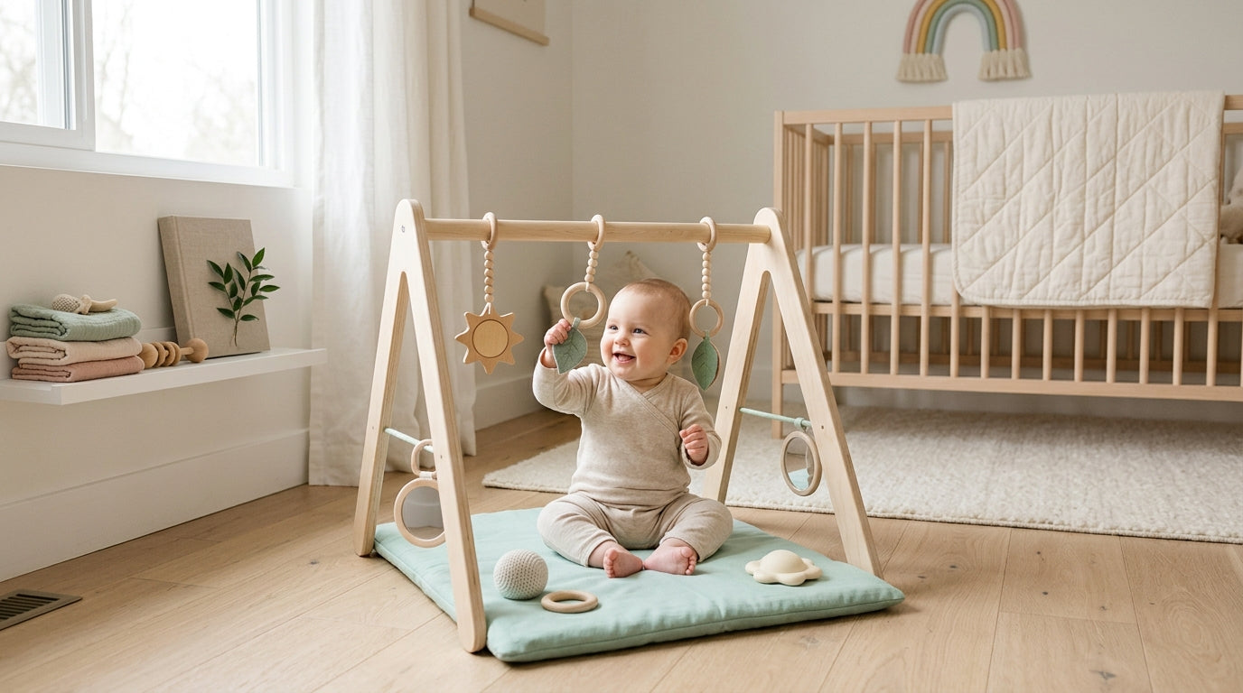 Wooden baby activity center with hanging toys on a rug