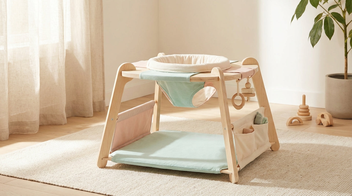 Mother adjusting the footboard on a colorful baby activity center in a living room